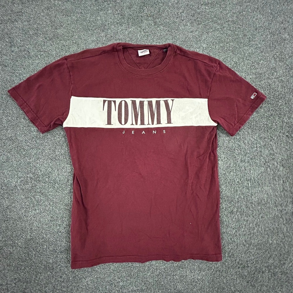 Tommy Jeans T-Shirt Mens Size S Burgundy Logo Stripe Crew Neck Short Sleeve Good
